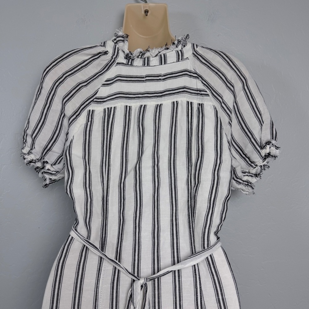 Pilcro Anthropologie Striped Linen Ruffle Button Front Midi Dress White Blue 6 - Picture 7 of 13